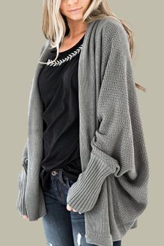 Fashion Bat Sleeve Knitted Cardigan Spring V-neck Chunky Knit Outerwear, Oversized Open Front Winter Tops, Gray Knit Sweater Coat For Fall, Trendy Solid Color Sweater Coat For Layering, Trendy Cable Knit Sweater Coat For Spring, Trendy Solid Color Winter Cardigan, Trendy Winter Cardigan In Solid Color, Knit Cardigan For Winter, Gray Soft Knit Sweater Coat