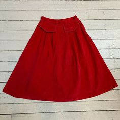 Vintage 1960s KERRYBROOKE Red Corduroy Pleated Front Full Skirt XS SM. In very good condition. Missing the two decorative buttons on faux pockets. Please refer to images. Sold as is. Size not marked. All measurements are approximate and taken flat, Waist 25",  Hip free"  Waist to hem 26" Vintage Corduroy Skirt For Fall, Vintage Red Cotton Skirt, Vintage Skirt With Pockets, Vintage Corduroy Skirt, Mystery Gang, Red Pleated Skirt, Skirt Y2k, Red Skirt, Decorative Buttons