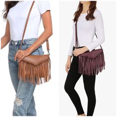 Never Used. Excellent Condition! Fabric Type Faux Leather,Pu Leather. Colors: Camel And Burgundy Closure Type: Flap Envelope Style Boho Crossbody Purse Features Fringe Detail And A Fold-Over Flap With Zip Closure To Secure Your Essentials Measurements: 10"(L)*1.6"(W)*7.5"(H) | Includes Adjustable Shoulder Strap That Extends Up To 48" (13"Min - 25"Max Shoulder Drop) Lined Interior With Wall Zip Pocket And Slip Pouch Provides Lots Of Room For Carrying Your Belongings One Layer Of Fringe For A Uniq Trendy Rectangular Bag With Fringe, Trendy Satchel Bag With Fringe, Trendy Shoulder Bag With Tassels, Trendy Tassel Satchel Shoulder Bag, Casual Shoulder Bag With Fringe, Trendy Fringed Satchel Bag, Trendy Fringe Satchel Bag, Casual Fringe Shoulder Bag, Chic Clutch Bag With Tassels