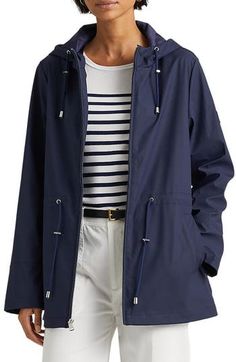 This classic raincoat features a roomy fit and a drawstring hood so you stay in style and comfortably dry every rainy day. Drawcord-toggle hood Drawcord-toggle waist 100% polyester machine wash, tumble dry Imported Navy Raincoat, Rain Slicker, Raincoat Outfit, Blue Raincoat, Rain Jacket Women, Fabulous Clothes, Rain Gear, Ralph Lauren Women, Raincoats For Women