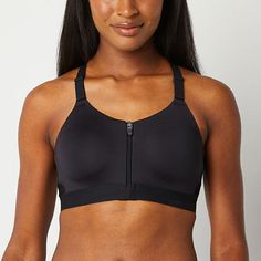 Give yourself extra support during a workout with this Xersion Train women's sports bra. This high-support sports bra is made from a smooth stretch-jersey fabric with a zip-front closure, wide, adjustable straps, and a racerback design featuring a keyhole cut-out. Pair it with your favorite pair of training leggings. Bra Type: SportsFeatures: Adjustable Straps, Moisture Wicking, Zip Front, Stretch FabricClosure Type: ZipperSupport: High SupportFiber Content: 83% Polyester, 17% SpandexFabric Description: JerseyLining Material: Nylon, SpandexCare: Machine Wash, Tumble DryMaterial: PolyesterCountry of Origin: Imported Small Bra, Racerback Sports Bra, Bra Types, Women's Sports, A Workout, Black Sports Bra, Jersey Fabric, Moisture Wicking, Stretch Fabric