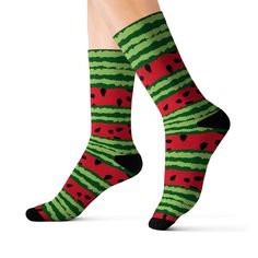 Watermelon Socks | Watermelon Gifts Eye-Catching Socks | Cool Watermelon Socks | Socks Gift | Fruit Socks | Tropical Socks For Women Men These high-quality socks with sublimated print provide optimum comfort with style wherever one might go - a subtle accent to complement an office look or an eye-catching statement for an extravagant outfit. NB! Dark color prints tend to make the side-seams more noticeable. .: 95% Polyester, 5% Spandex .: 3 different sizes .: Ribbed tube .: Cushioned bottoms .: Fruit Socks, Socks Gift, Socks For Women, Dark Color, Hosiery, Watermelon, Women Men, Socks, Fruit