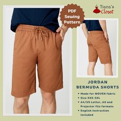 Exclusive patterns from the author of Tiana's Closet Sewing Patterns. Visit my blog for more ideas, sewing tips and free patterns: https://tianascloset.com/ This basic, simple Jordan Bermuda shorts pattern is a staple that a sewer should have - even the beginner or the seasoned seamster. Make yourself or your loved one a pair of these extra comfortable casual shorts! Main features of these simple lounge shorts: - Elastic waistband - Faux fly zipper for a more tailored look - Slanted side pockets Mens Shorts Pattern, Casual Shorts For Men, Lounge Shorts, Easy Sewing Patterns, Clothes Sewing Patterns, Patterned Shorts, Pdf Sewing Patterns, Look Plus, Bermuda Shorts