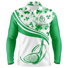 a green and white golf shirt with shamrocks on the sleeves, in front of a white background