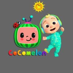 a cartoon character is standing next to a watermelon with the words cocomelon