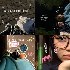 a collage of photos with people wearing glasses and writing on the side of them