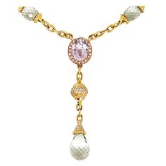 A Romantic Byzantine Design Drop Necklace in Pastel Gemstones. This extremely Feminine Necklace Features Checkerboard Faceted Rose Quartz, Briolette Chandelier Drops of Green Amethyst Prasiolite and Diamonds. The Necklace Collarbone and Drop accents are a total of 17.45 Carats of Green Amethyst, or Prasiolite. Central to the Necklace is a Large Oval Rose Quartz surrounded with Round Brilliant Diamonds and a Diamond encrusted Ball Drop rests between the Rose Quartz and Diamond Encrusted Cap of Ma Diamond Drop Necklace, Feminine Necklace, Ball Drop, Choker Style, Diamond Drops, Green Amethyst, Drop Necklace, A Romantic, Gemstone Colors