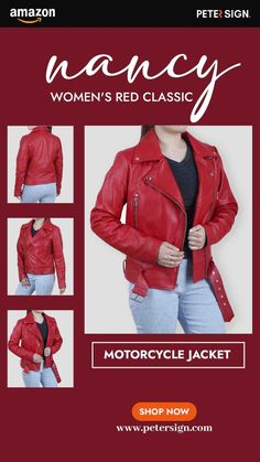 Women Biker Jacket Red Motorcycle Jacket, Red Motorcycle, Classic Motorcycle, Biker Leather, Lady Biker, Classic Motorcycles, Adjustable Belt, Deep Red, Lady In Red