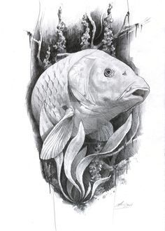 a pencil drawing of a fish in the water with plants and trees around it's edges