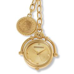 Bellezza 20 Lira Coin Double Drop Pendant Watch Necklace  Chic rope detail complements the pendant watch and the genuine lira coin you'll find in this Bellezza necklace. A reimagining of the pocket watch, the piece is a statement style that's equal parts jewelry and timepiece.        Necklace approx. 22-13/16"L x 1-7/8"W     Case approx. 1-7/16"L x 1-7/16"W x 3/8"H     Stainless steel; goldtone finish      Hour, minute, second hands     Stainless steel stem with serrated pumpkin crown      Water-resistant to 3 ATM - easily withstands splashes or brief immersion in water     Quartz movement     Flat mineral crystal     Oval-link necklace: hook clasp     Pendant-style watch drop and 20-lira coin drop (not removable); rope-textured accenting throughout     The lira coin may have minor imperfe Gold Pocket Watch With Metal Dial, Timeless Gold Metal Pocket Watch, Luxury Medallion Jewelry With Logo Charm, Elegant Coin Necklace For Formal Occasions, Luxury Gold Engraved Pocket Watch, Luxury Gold Pocket Watch With Locket, Yellow Gold Medallion Coin Necklace, Luxury Coin Pendant Necklace For Formal Occasions, Luxury Pendant Coin Necklace For Formal Occasions