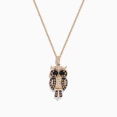 Effy Safari 14K Rose Gold Brown, Black and White Diamond Owl Pendant, 0.58 TCW Gold Pendant Necklace With Bird Design, Peacock Feather Gold Pendant, Owl Jewelry Necklace, Rose Gold Brown, Rose Stone, Owl Pendant Gold, Cognac Diamonds, Owl Necklace Silver, Owl Pendant