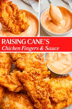 fried chicken fingers and sauce on a plate with the words raising cane's chicken fingers & sauce