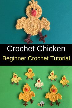 the crochet chicken pattern is shown in two different colors and has four smaller chickens on