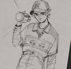 a drawing of a person holding a cell phone in one hand and wearing a baseball cap on the other