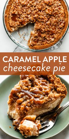 an image of caramel apple cheesecake pie on a plate with a slice missing