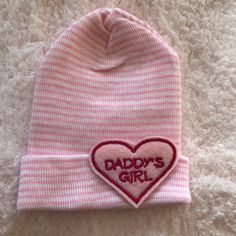 Hospital Medical Grade Hat/Heart-Daddy’s Girl! Size Newborn! Hand Wash-Air Dry! Cute Cotton Hats For Birthday, Cute Cotton Birthday Hats, Fun Pink Beanie Hat, Trendy Warm White Beanie, Cute Adjustable Cotton Beanie, Playful White Beanie One Size Fits Most, Pink Cotton Beanie (one Size Fits Most), Pink Cotton Beanie, One Size Fits Most, Pink Cotton Hat Gift