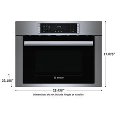 an oven with measurements for the door and handle on it's side, shown in stainless steel