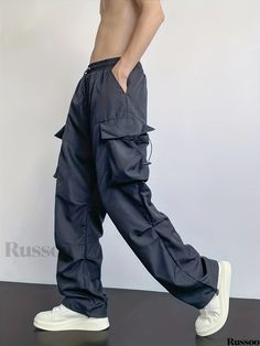 Russoo - Mens Spring/Summer Outdoor Casual Cargo Pants: Loose Fit, Multi-Pocket Design, Hip Hop Style with Wide Legs Summer Streetwear Cargo Pants With Pockets, Summer Streetwear Bottoms With Functional Pockets, Summer Streetwear Pants With Multiple Pockets, Summer Outdoor Cargo Pants With Pockets, Summer Streetwear Cargo Pants With Functional Pockets, Summer Urban Cargo Pants With Hip Pockets, Blue Cargo Pants With Hip Pockets For Summer, Summer Streetwear Parachute Pants With Side Pockets, Summer Streetwear Cargo Pants