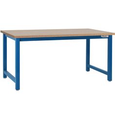 a blue table with a cork top and metal legs on an isolated white background,