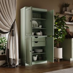 a green cabinet sitting in the middle of a living room next to a potted plant