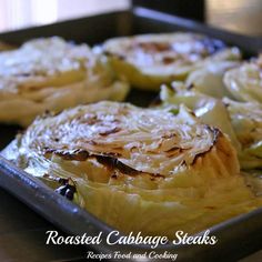 cooked cabbage steaks in a baking pan ready to be eaten and served on the table