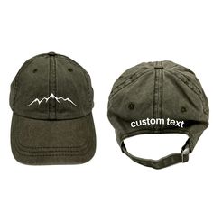 Explore the outdoors! Take a fresh breath of air as you go on a hiking adventure into the mountains, and witness amazing scenery this summer wearing a comfortable, adjustable, adventure cap.  - CUSTOM TEXT available on the back of cap, above strap opening - Choose a font option as seen on the last listing photo & write your choice into the Personalization Box; default: Font 3 - Back and front embroidery will be with the SAME thread color that was chosen unless noted otherwise; default: white / b Wash Baseball Cap, Hiking Hat, Amazing Scenery, Green Cap, Hat Types, Hiking Adventure, Cap Designs, Mountain Peak, Bach Party