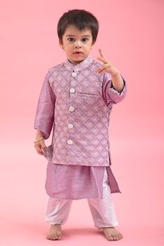 Lavender nehru jacket with floral and thread embroidery. Comes with off-white churidar and a kurta. - Aza Fashions Spring Festive Nehru Jacket With Cutdana Details, Spring Festive Nehru Jacket With Cutdana, Spring Nehru Jacket With Zari Work, Straight Kurta Style, Straight Kurta Nehru Jacket With Zari Work For Spring, Spring Nehru Jacket With Zari Work, White Churidar, Eid Party, Boys Kurta, Diana Penty