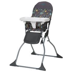 a high chair that is sitting on top of a metal frame with an animal print seat cover