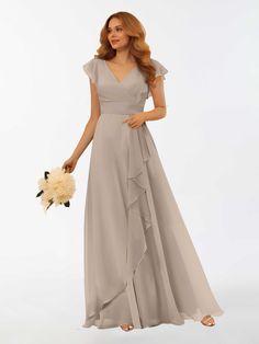 #color_Taupe Bridesmaid Dresses With Sleeves Long, Bridesmaid Dresses With Sleeves, Party Dresses Online, Wedding Guest Dresses, Guest Dresses, Ruffles, The Dress, A Line, Dresses With Sleeves