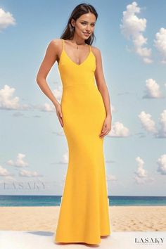 Lasaky - Sophisticated Ladies' Formal Gown with Dramatic Train and Revealing Back Fitted Maxi Length Gown, Stretch Full-length Maxi Dress For Wedding, Fitted Summer Bridesmaid Gown, Summer Bridesmaid Gown Fitted, Fitted Yellow Dress With Sweep Train, Fitted Full-length Summer Gown, Summer Gala Yellow Gown, Yellow Summer Prom Gown, Yellow Summer Gala Gown