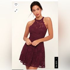 Lulu’s Davina Burgundy Lace Skater Dress Size Small Nwt Burgundy Short Dress, Cute Lace Dresses, Plain Skater Dress, Lace Burgundy Dress, Dress High Neck, Graduation Dresses, Mob Dresses, Lace Skater Dress, High Neck Sleeveless