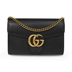 Gucci 'Marmont' wallet on chain in black pebbled leather with gold hardware 'GG' logo on the front and a removable long chain strap. Features front flap magnetic button closure and multiple card slots, 4 main compartments, and a zip pocket in the interior. Includes dust bag. Brand = Gucci Condition = 8/10, Very good, light tarnishing to chain strap Dimensions = 8" x 5" x 1.5" Strap Drop = 21" Material = Leather Hardware = Gold SKU = 23762-1 Gucci Marmont Wallet On Chain, Gucci Marmont, Gg Logo, Wallet On Chain, Leather Hardware, Black Pebbles, Handbag Wallet, Wallet Accessories, Bag Brand