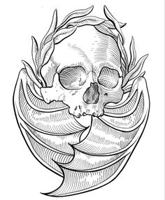 a black and white drawing of a skull with leaves on it's head, in the center of a circle