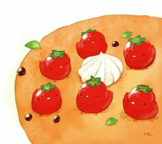 a painting of strawberries and onions on a piece of bread