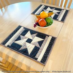 a bowl of fruit sitting on top of a table next to two placemats