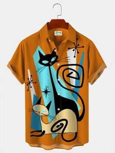 Super cool RedTango cats on button down bowling style shirt. These are men's but women like them too! Bright colors, the graphics look great. Please message me with your size! M. L and XL. Retro Collared Hawaiian Shirt With Relaxed Fit, Retro Relaxed Fit Collared Hawaiian Shirt, Retro Orange Printed Shirt, Orange Collared Shirt With Graphic Print, Retro Camp Shirt With Graphic Print, Retro Printed Camp Shirt With Relaxed Fit, Retro Printed Relaxed Fit Camp Shirt, Retro Red Shirt With Graphic Print, Retro Printed Shirt With Camp Collar