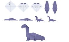 an origami dinosaur is shown in different positions