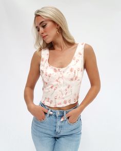 Talula Floral Tank Bailey Rose Flirty Crop Top With Built-in Bra For Spring, Feminine Spring Crop Top With Built-in Bra, Feminine Tank Top With Built-in Bra, Flirty Pink Camisole For Spring, Trendy Floral Print Camisole Tank Top, Chic Floral Print Crop Top, Trendy Floral Print Cami Tank Top, Chic Sleeveless Floral Print Crop Top, Feminine Floral Print Crop Top