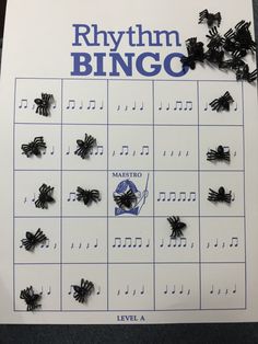 a sheet of music notes with the words rhythm bingo on it