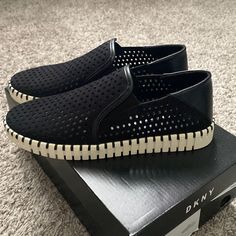 Beautiful Never Worn Dkny Slip On Sneakers ! Can Be Worn In Water As Well Black Sneakers With Perforations For Spring, Black Perforated Sneakers For Spring, Trendy Black Sneakers With Perforations, Dkny Shoes, On Sneakers, Shoes Womens, Slip On Sneakers, In Water, Womens Shoes Sneakers