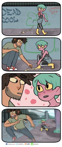 the comic strip shows an image of two people in different positions, one with a skateboard