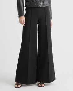 Ultra-Stretch Ponte Super Wide Leg Pant - 32" inseam Sleek Wide-leg Pants With 4-way Stretch, Sleek Wide Leg Pants With 4-way Stretch, Black Wide Leg Leggings With 4-way Stretch, Super Wide Leg Pants, Black Pull-on Wide Leg Pants, Black Versatile Wide Leg Pants With 4-way Stretch, Silk Halter Top, Boyfriend Cardigan, Ponte Fabric