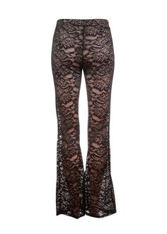 You're a vision in lace in these stunning pants! The sheer bell bottom pants are made out of gorgeous black lace and offer alluring flashes of skin. The top part is lined with nude shorts and has an elastic waist. Flirty flare features a slender fit through hip and thigh with a dramatic flared leg for some retro appeal. Easy pull-on style. Available in sizes S, M, and L. Made out of 92% nylon and 8% spandex (shell) and 100% polyester (lining). For a chic edge to a classic silhouette, these pants Lace Bell Bottoms, Nude Shorts, Festival Outfits Rave, Velvet Flares, Outfits Rave, Faux Leather Biker Jacket, Lace Pants, College Fits, Bodysuit Top