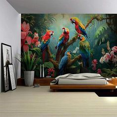 colorful parrots sitting on the branch of a tree wallpaper mural