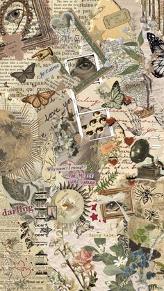 a collage of various images and words on paper with butterflies, flowers, and other things