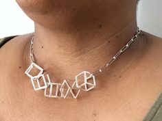 Contemporary Cube Statement Necklace, Statement Necklace, Unique Wedding Day Necklace, 3D Necklace, Modern Necklace With Box Chain And Square Pendant, Modern Square Jewelry With Box Chain, Modernist Geometric Jewelry For Gifts, Contemporary Metal Necklace For Gift, Contemporary Necklace With Unique Design For Gift, Contemporary Square Jewelry For Gifts, 3d Necklace, Unusual Necklace, Modern Necklace