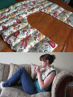 a woman sitting on top of a couch next to a piece of fabric that has been cut