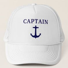 Nautical Blue Anchor Captain Hat Adjustable Sailor Cap, White Nautical Cap, Adjustable Sailor Style Cap, White Flat Cap For The Beach, Navy Snapback Hats For Beach, Navy Summer Baseball Cap, White Flat Cap For Beach, Blue Bucket Hat For Beach, Nautical Hat With Adjustable Curved Brim