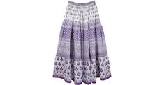 Peasant Long Purple Skirt for Women - An Indian gypsy maxi skirt with a mix of prints- all on the same piece of cloth (not patchwork). A long three panel cotton skirt with this summer`s fresh purple print. The skirt truly has a lot of cloth - its volume, a wider hem and of course splendid colors give it a character. It is nicely lined and the material is crinkle like cotton without stretch. The waist has an elastic and a simple drawstring for sizing flexibility. It will best fit a medium to the Boho Print Long Cotton Skirt, Long Cotton Skirt With Boho Print, Bohemian Purple Maxi Skirt For Spring, Bohemian Purple Tiered Skirt, Bohemian Tiered Purple Skirt, Purple Cotton Tiered Skirt, Long Purple Cotton Skirt, Long Purple Skirt, Long Summer Skirt