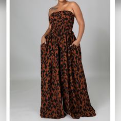 Sleeveless Jumpsuit With Pockets! Cognac And Black Cheetah Print, Extra Wide Leg And Long Pant, Polyester Blend Sleeveless Brown Jumpsuits And Rompers For Beach, Sleeveless Brown Jumpsuit For Beach, Casual Sleeveless Jumpsuits And Rompers For Date Night, Sleeveless Brown Jumpsuit For The Beach, Brown Sleeveless Jumpsuits And Rompers For Vacation, Brown Sleeveless Jumpsuit For Vacation, Sleeveless Brown Jumpsuit For Vacation, Fitted Brown Jumpsuits And Rompers For Vacation, Casual Strapless Sleeveless Jumpsuit For Night Out